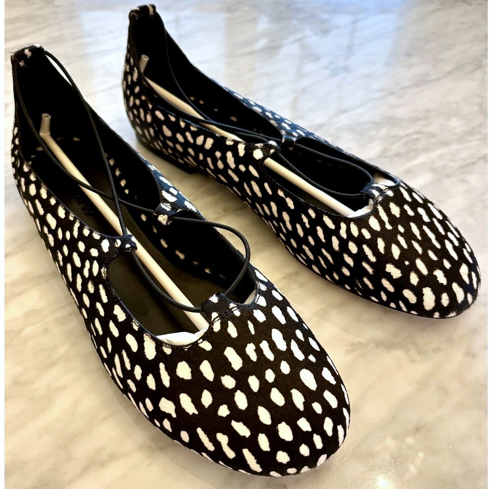 J. Crew Andi Strappy Ballet Flats Black White Printed Calf Hair New in Box Sz 9